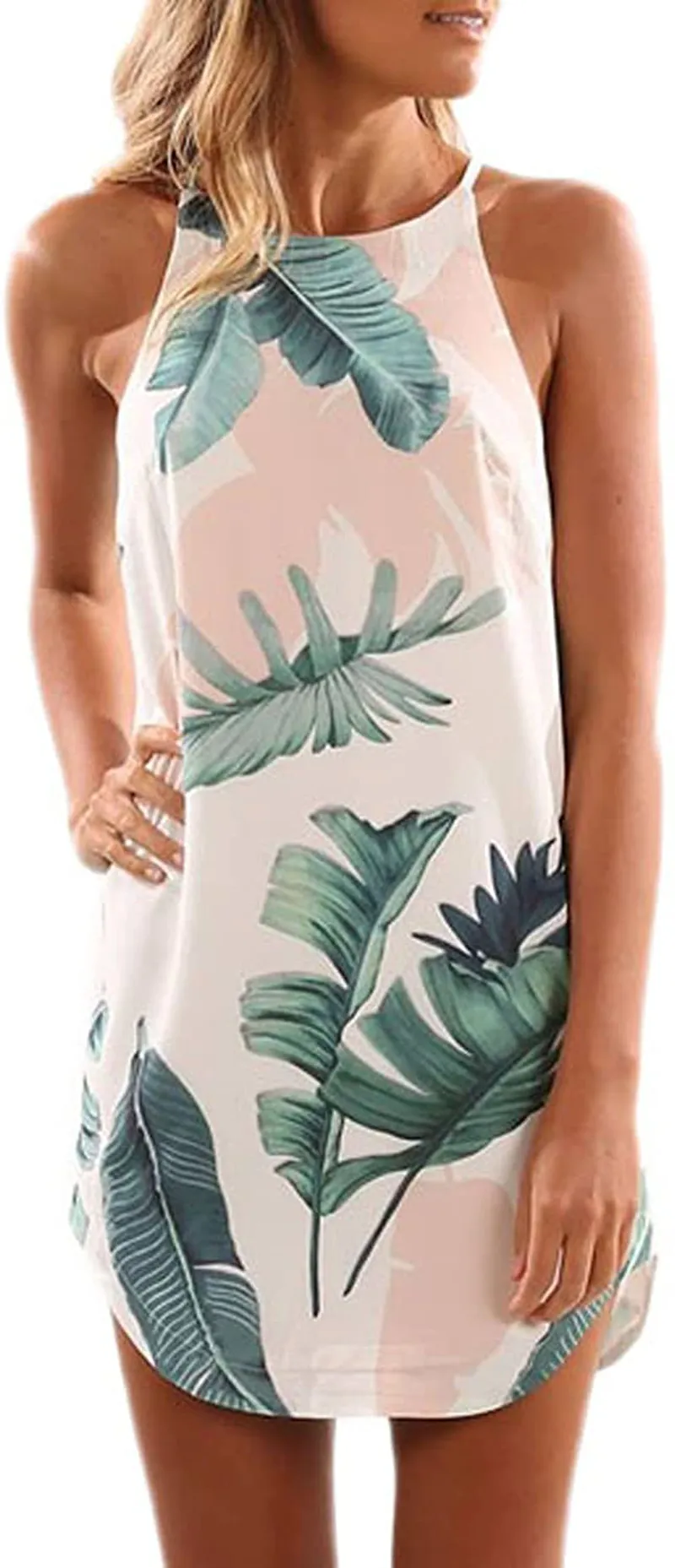 Asvivid Halter Palm Leaf Floral Casual Dresses for Women Summer Beach Dress Sleeveless Short Sundresses