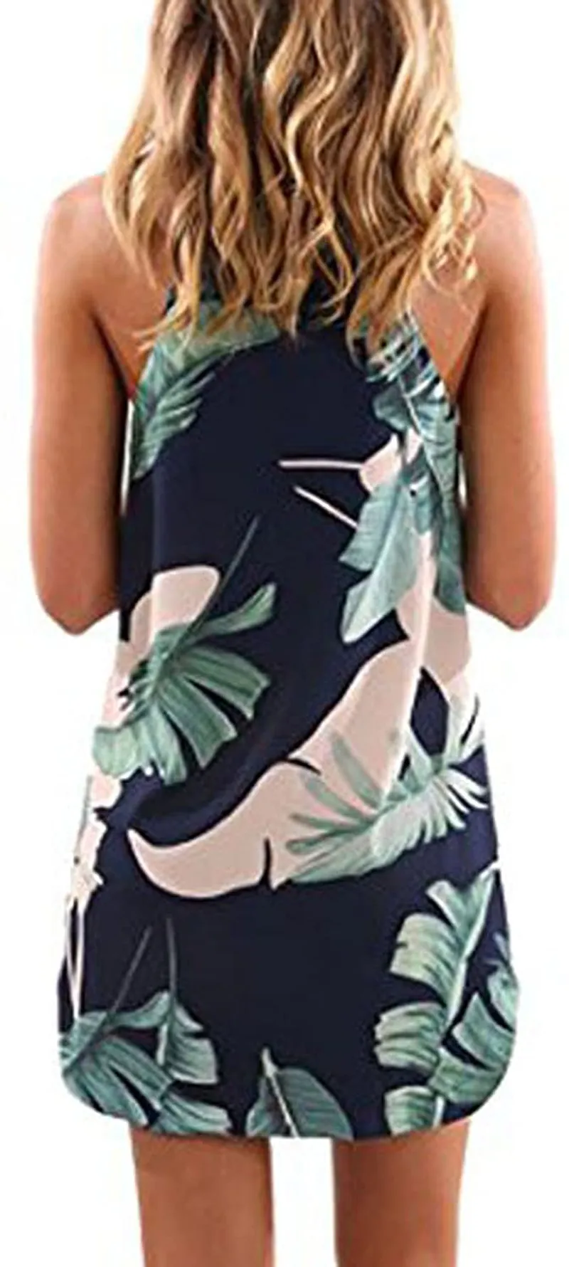 Asvivid Halter Palm Leaf Floral Casual Dresses for Women Summer Beach Dress Sleeveless Short Sundresses