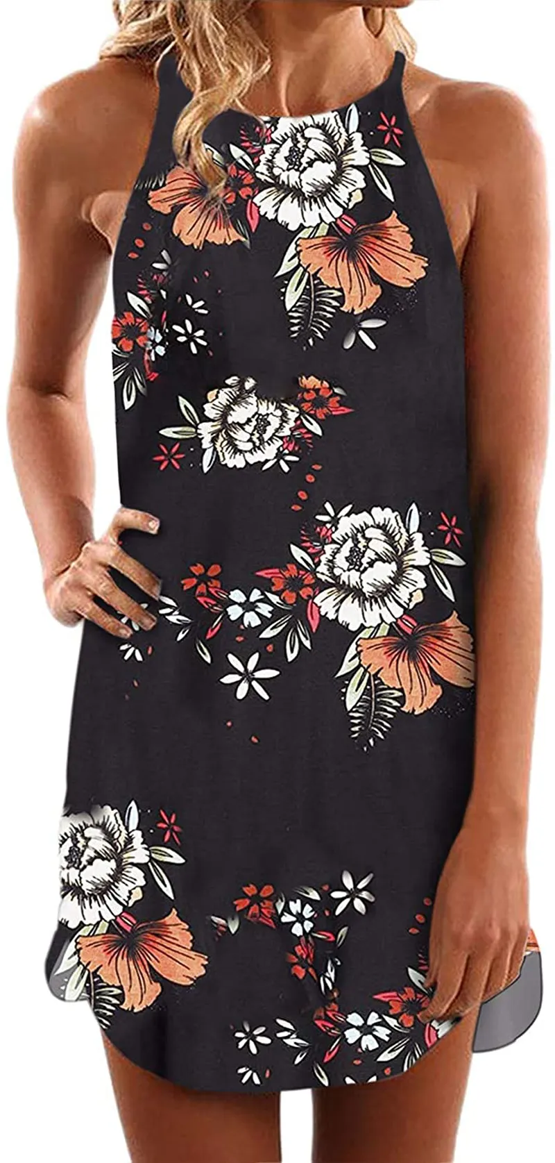 Asvivid Halter Palm Leaf Floral Casual Dresses for Women Summer Beach Dress Sleeveless Short Sundresses