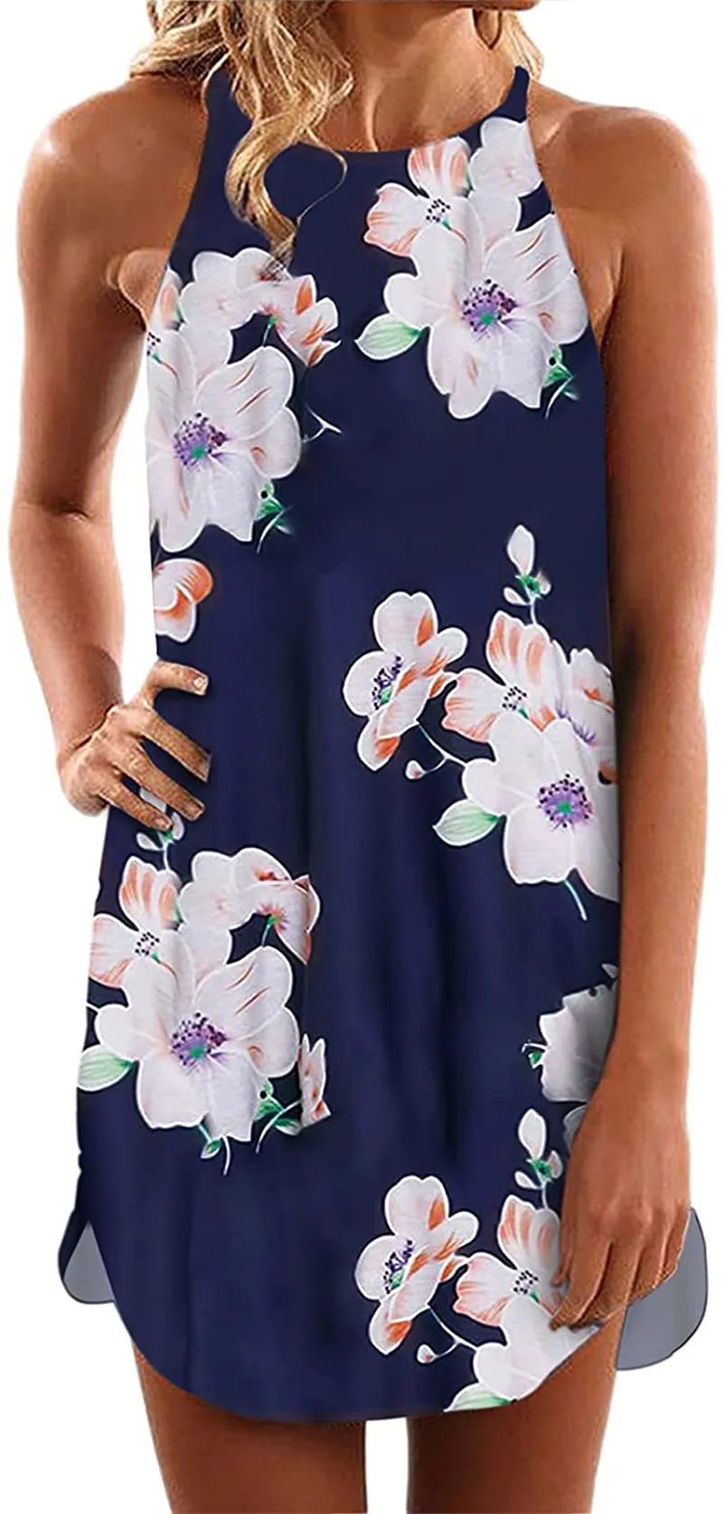 Asvivid Halter Palm Leaf Floral Casual Dresses for Women Summer Beach Dress Sleeveless Short Sundresses