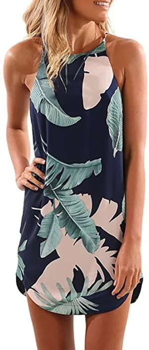 Asvivid Halter Palm Leaf Floral Casual Dresses for Women Summer Beach Dress Sleeveless Short Sundresses