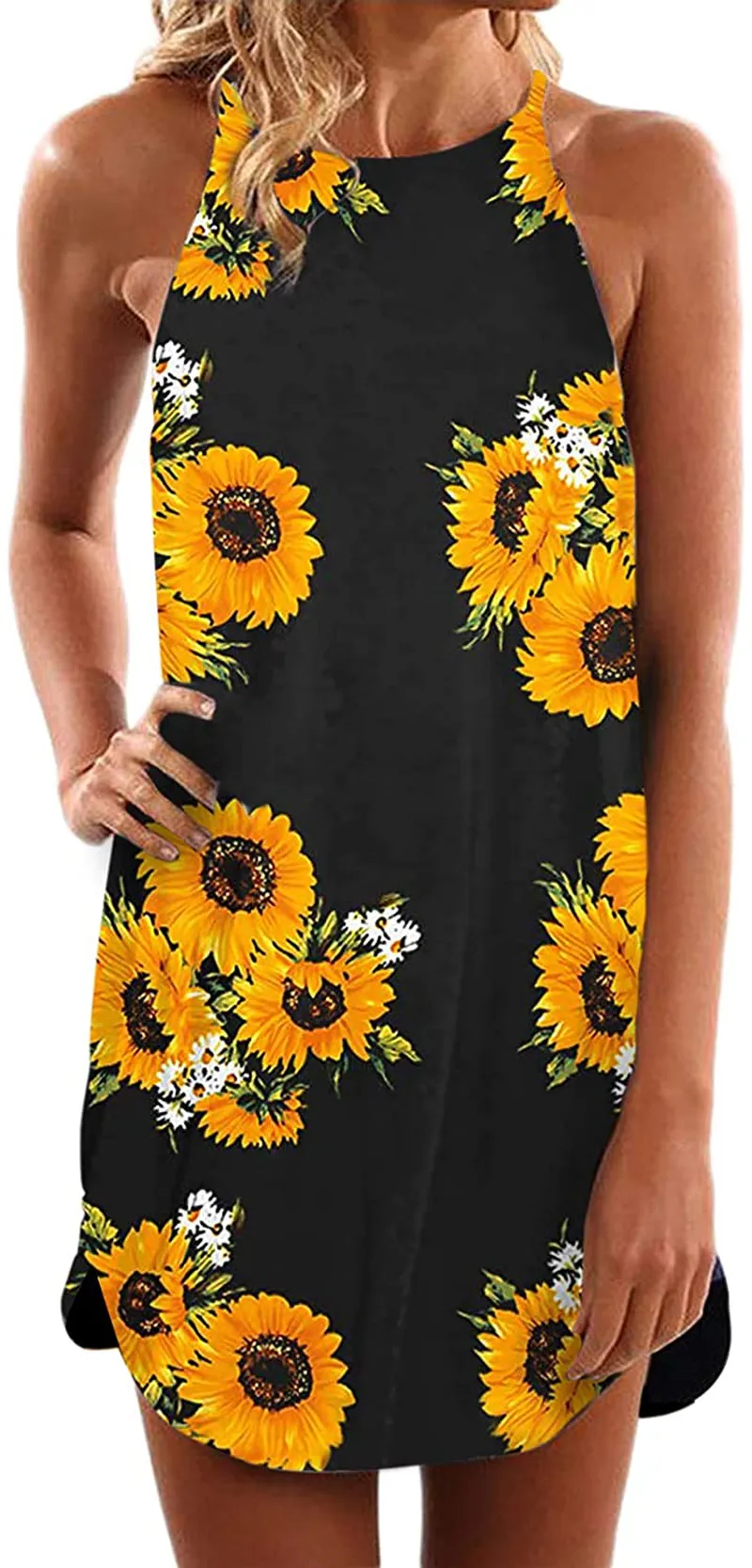 Asvivid Halter Palm Leaf Floral Casual Dresses for Women Summer Beach Dress Sleeveless Short Sundresses