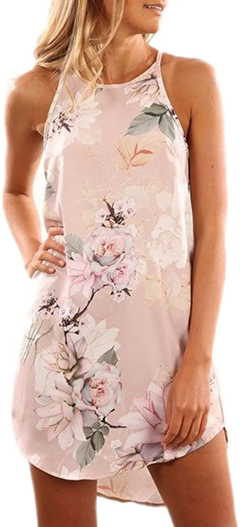 Asvivid Halter Palm Leaf Floral Casual Dresses for Women Summer Beach Dress Sleeveless Short Sundresses