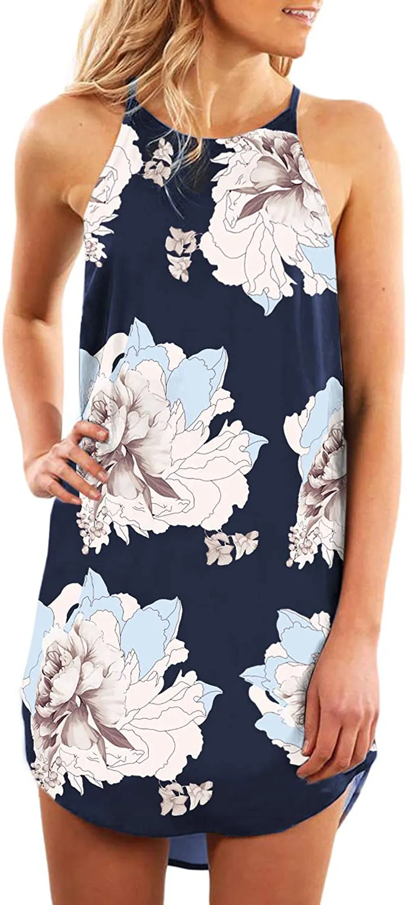 Asvivid Halter Palm Leaf Floral Casual Dresses for Women Summer Beach Dress Sleeveless Short Sundresses