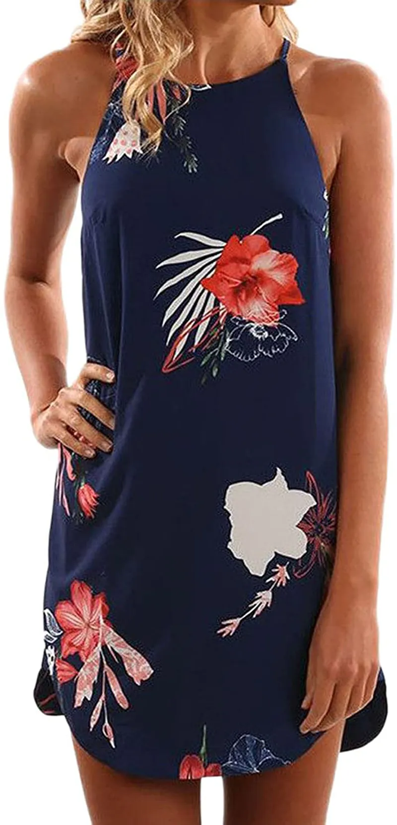 Asvivid Halter Palm Leaf Floral Casual Dresses for Women Summer Beach Dress Sleeveless Short Sundresses