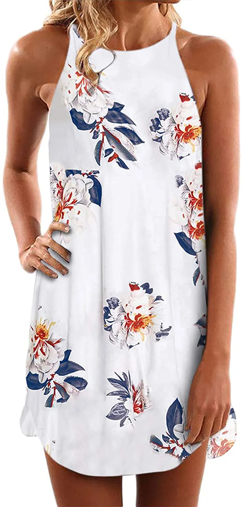 Asvivid Halter Palm Leaf Floral Casual Dresses for Women Summer Beach Dress Sleeveless Short Sundresses