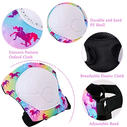 Bienbee Knee Pads for Kids Unicorn 7 Pcs Knee and Elbow Pads Wrist Guards for Girls Boys Protective Gear Set with Bag for Roller Skating Inline Skates Skateboard Cycling Rainbow