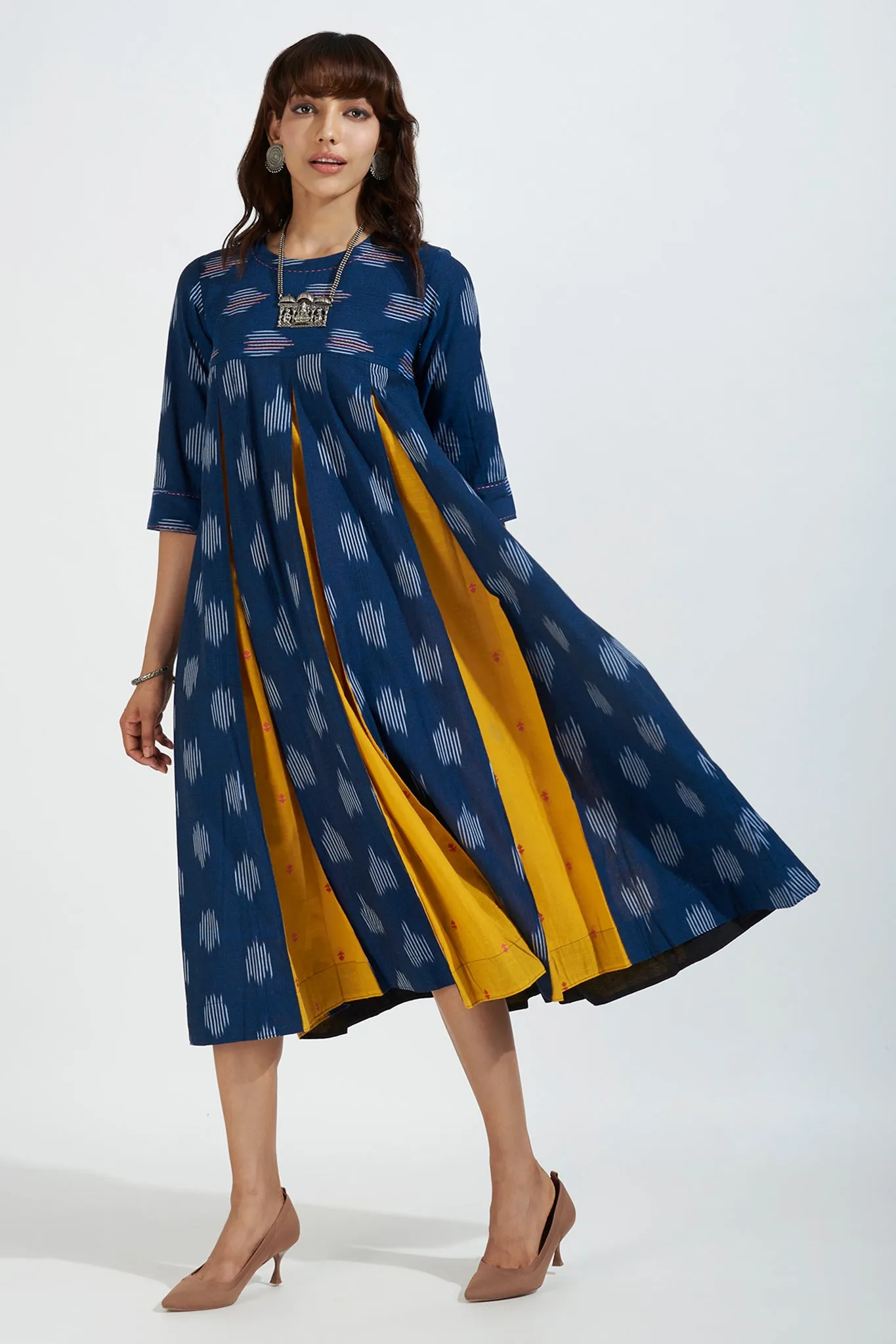 box pleat dress with pockets - luminous blue & gold charm