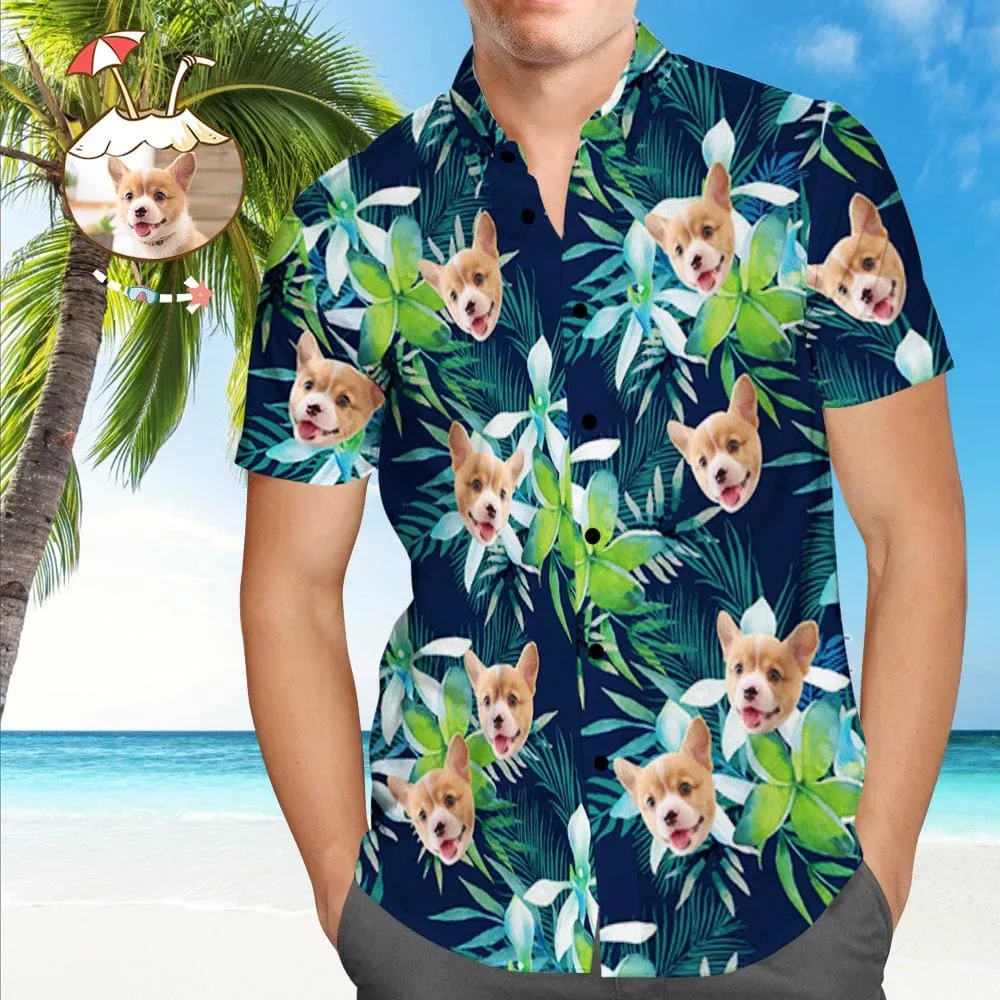 Custom Hawaiian Shirt with Face Custom Dog Face Shirts Tropical Leaves Gifts for Men