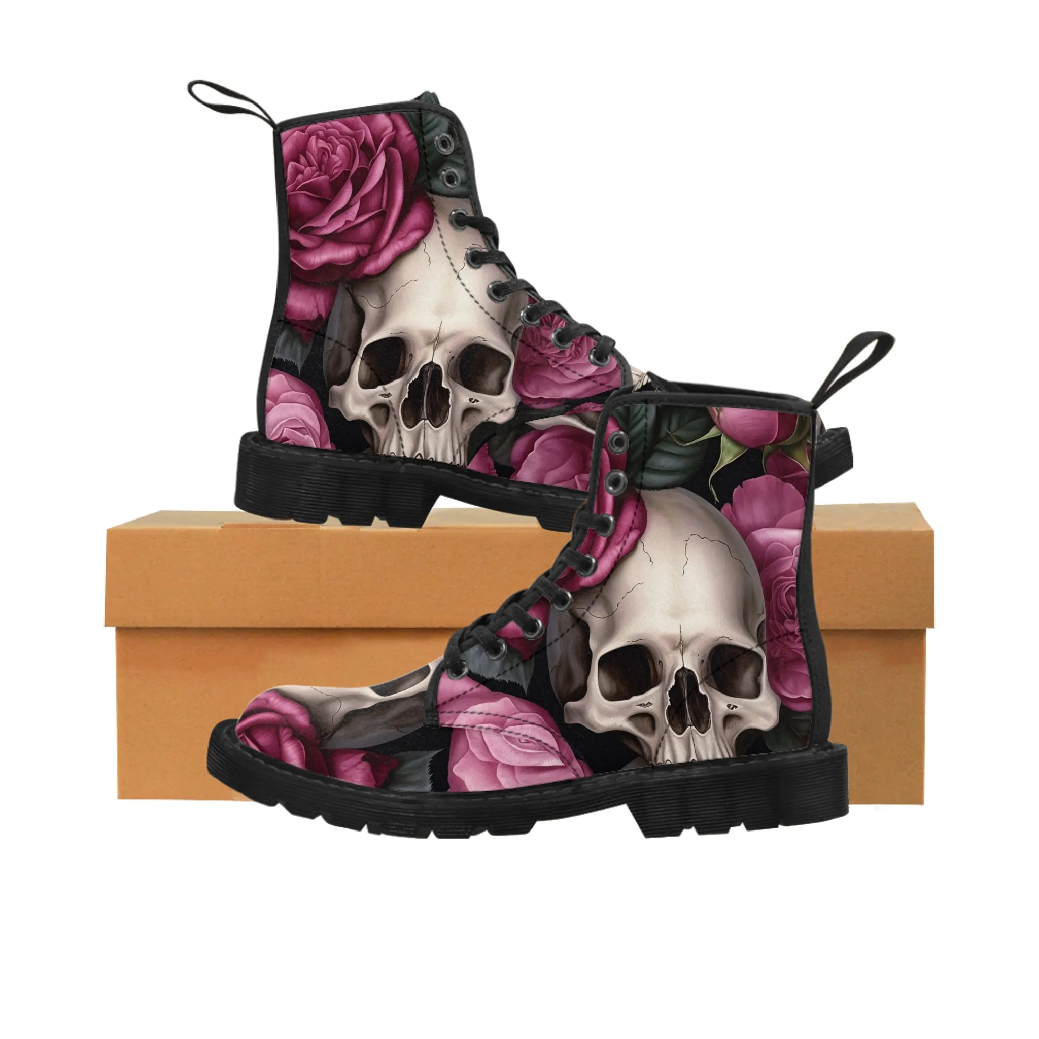 Gothic Skulls and no 2  Pink Roses Women's Canvas Boots