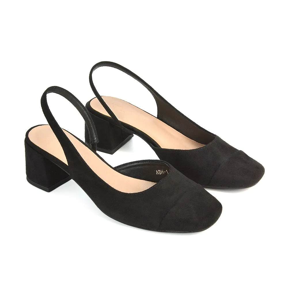 Kyla Low Block Heels Square Toe Slingback Court Shoes in Black Faux Suede