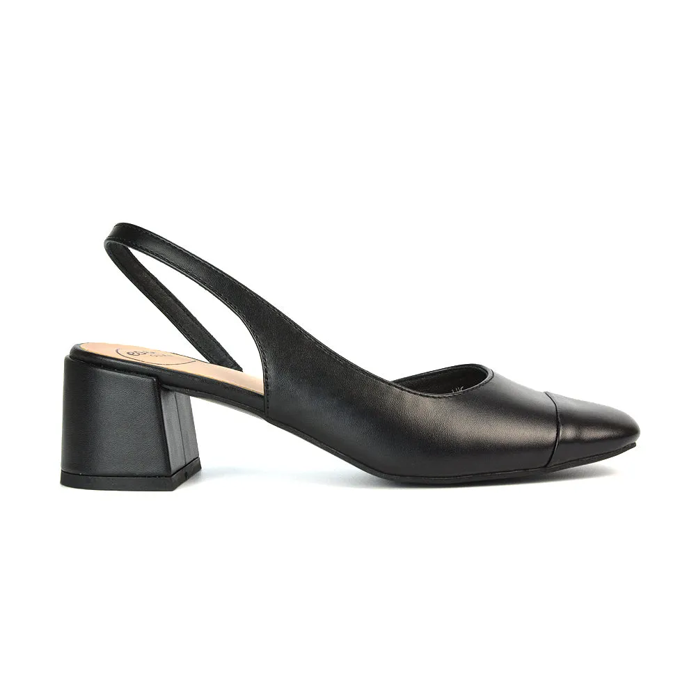 Kyla Low Block Heels Square Toe Slingback Court Shoes in Black Faux Suede