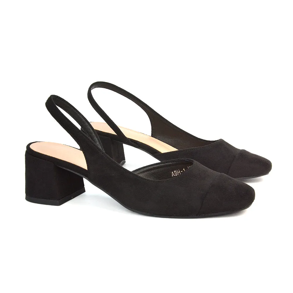 Kyla Low Block Heels Square Toe Slingback Court Shoes in Black Faux Suede