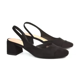 Kyla Low Block Heels Square Toe Slingback Court Shoes in Black Faux Suede