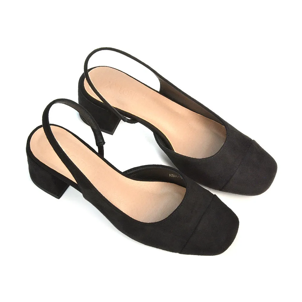 Kyla Low Block Heels Square Toe Slingback Court Shoes in Black Faux Suede