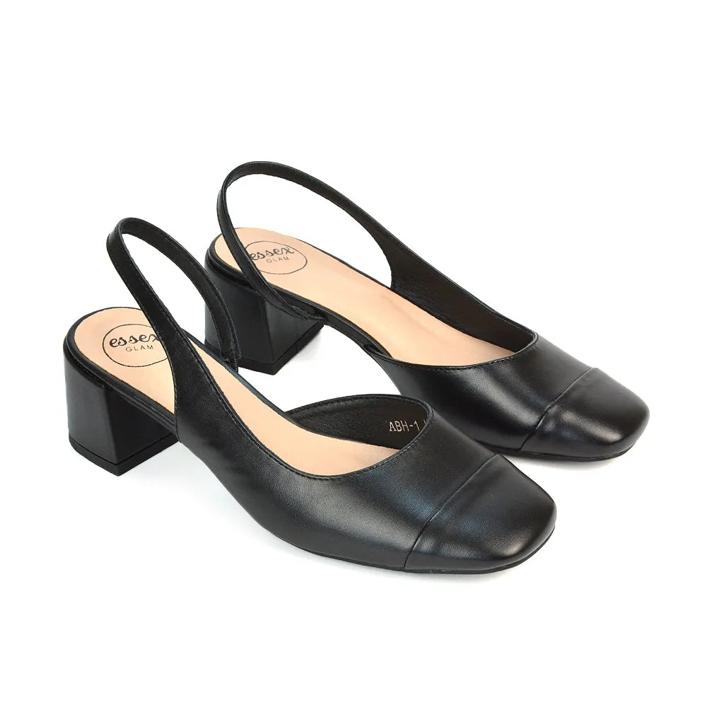 Kyla Low Block Heels Square Toe Slingback Court Shoes in Black Faux Suede