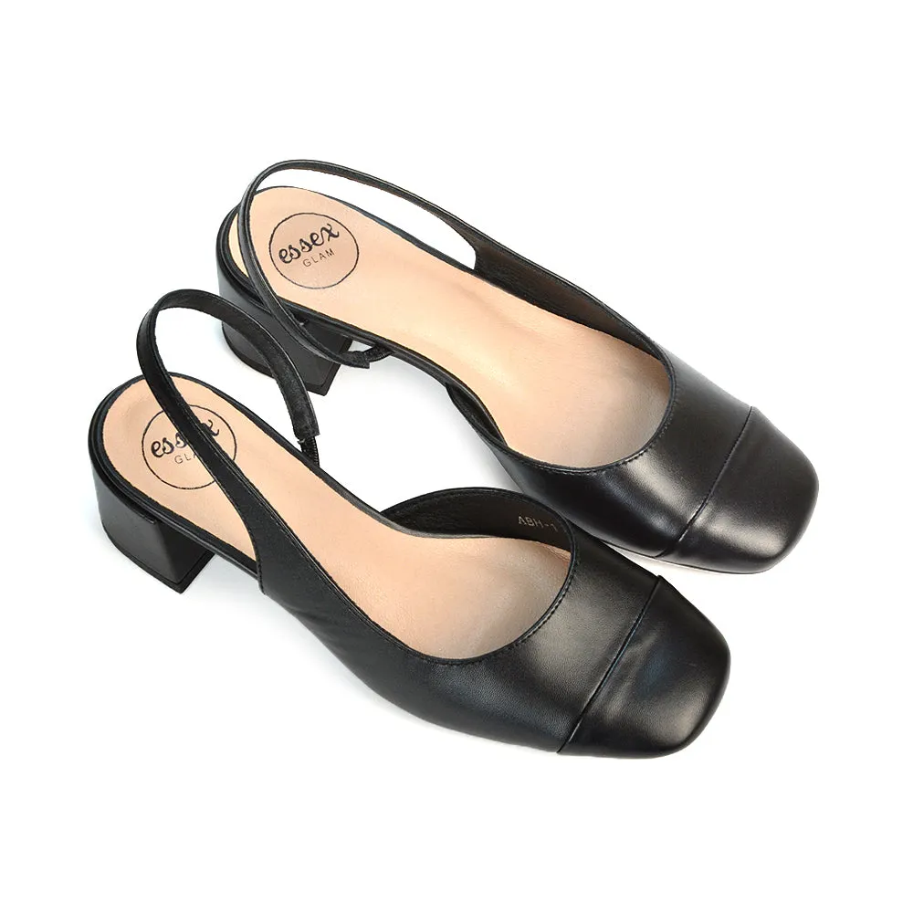 Kyla Low Block Heels Square Toe Slingback Court Shoes in Black Faux Suede