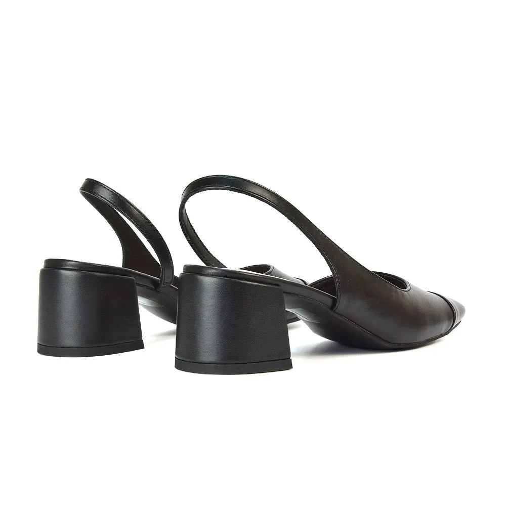 Kyla Low Block Heels Square Toe Slingback Court Shoes in Black Faux Suede