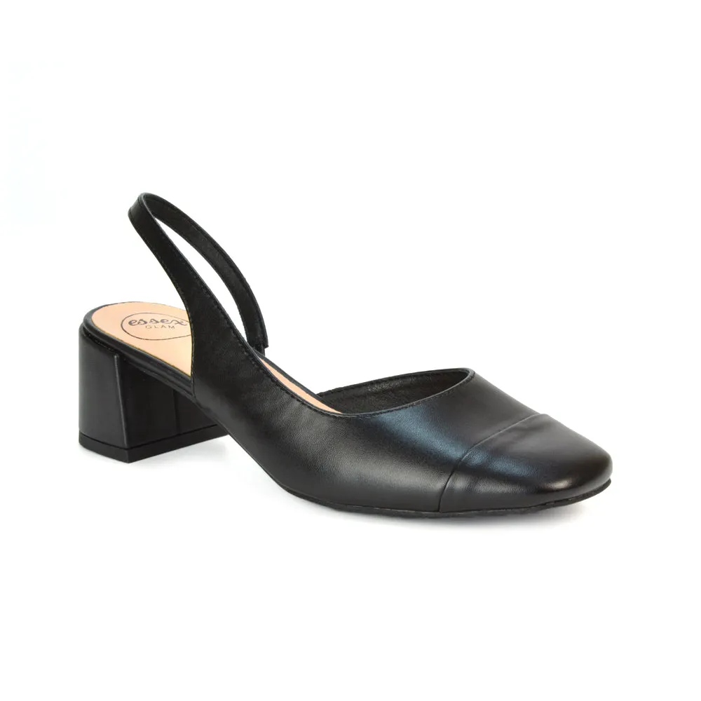 Kyla Low Block Heels Square Toe Slingback Court Shoes in Black Faux Suede