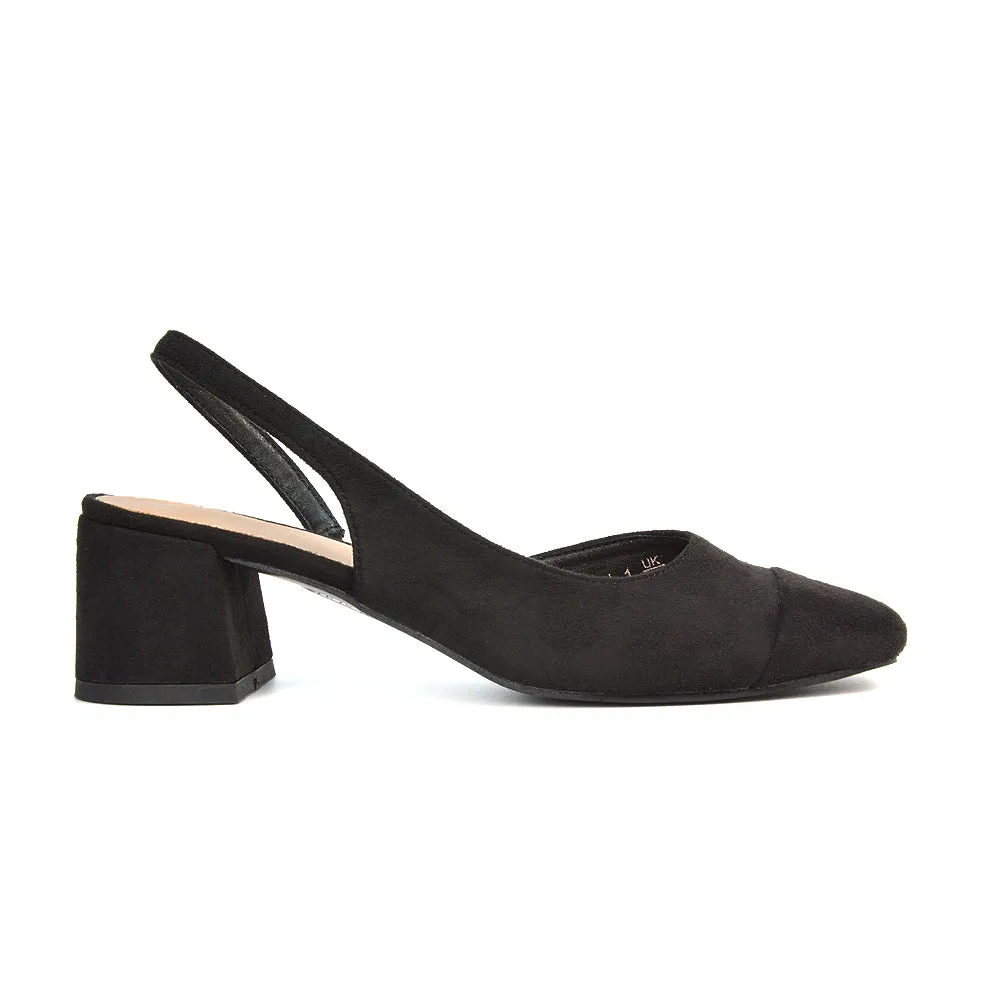 Kyla Low Block Heels Square Toe Slingback Court Shoes in Black Faux Suede