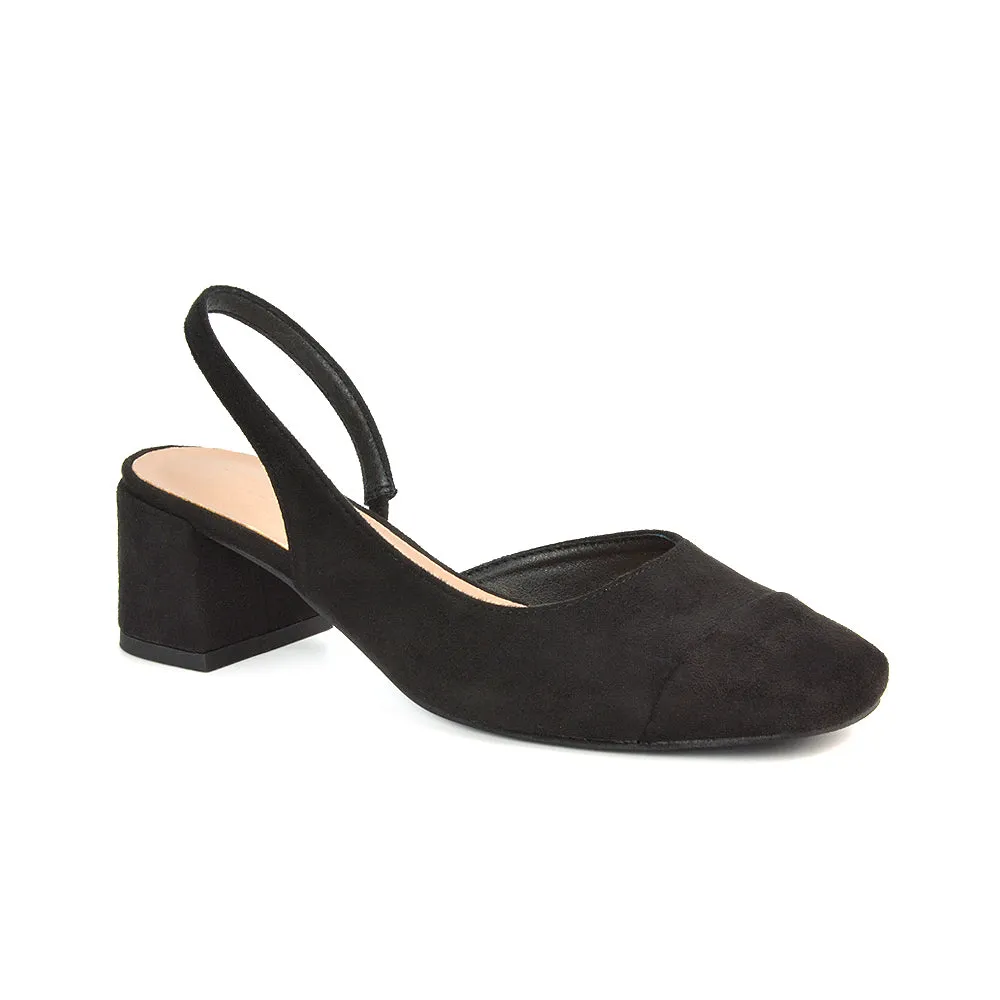 Kyla Low Block Heels Square Toe Slingback Court Shoes in Black Faux Suede