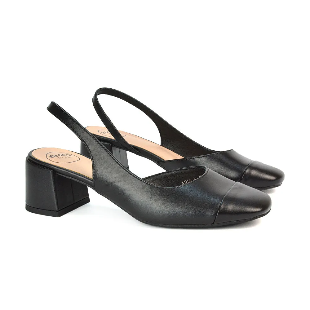 Kyla Low Block Heels Square Toe Slingback Court Shoes in Black Faux Suede