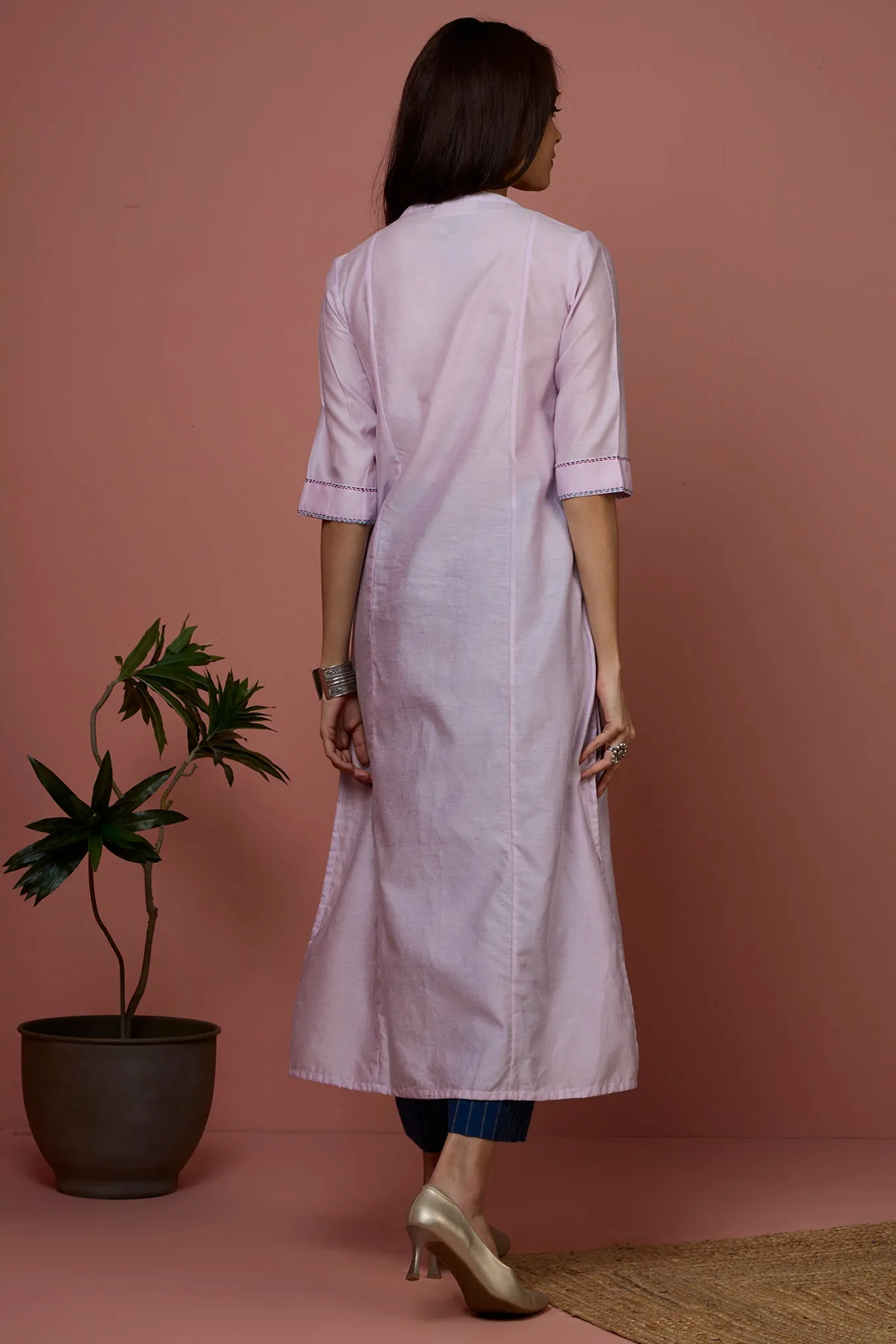 long chanderi kurta with collar - Soft Rose & Serenity