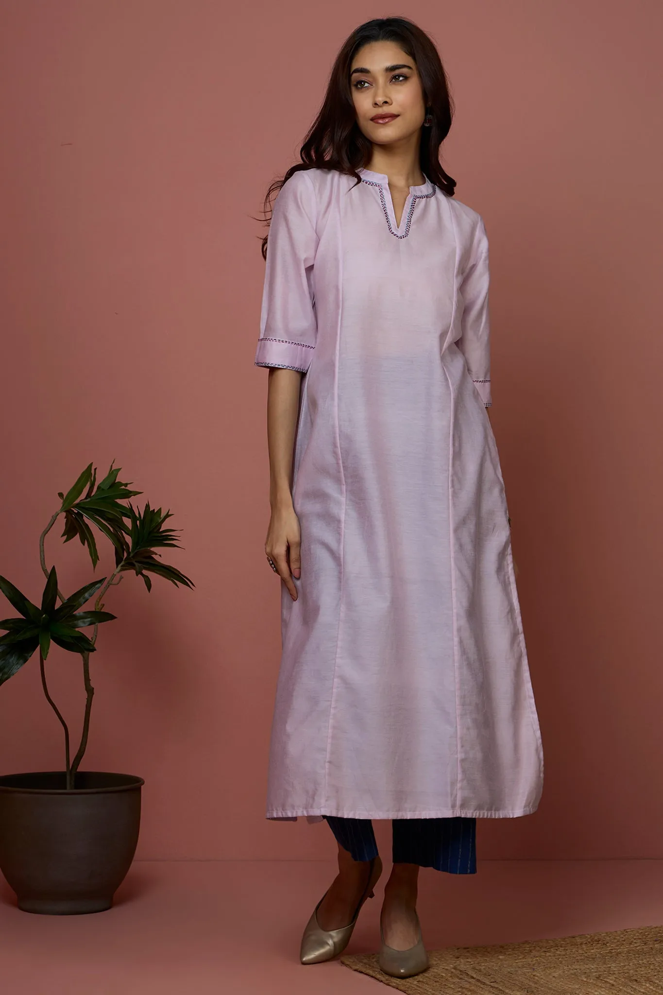 long chanderi kurta with collar - Soft Rose & Serenity