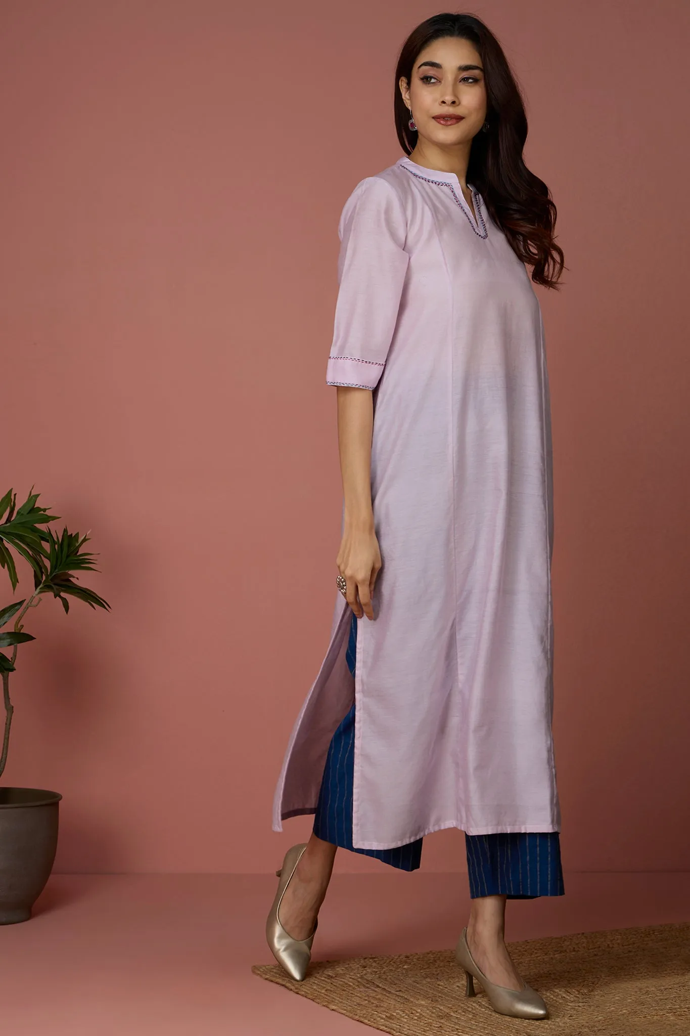 long chanderi kurta with collar - Soft Rose & Serenity