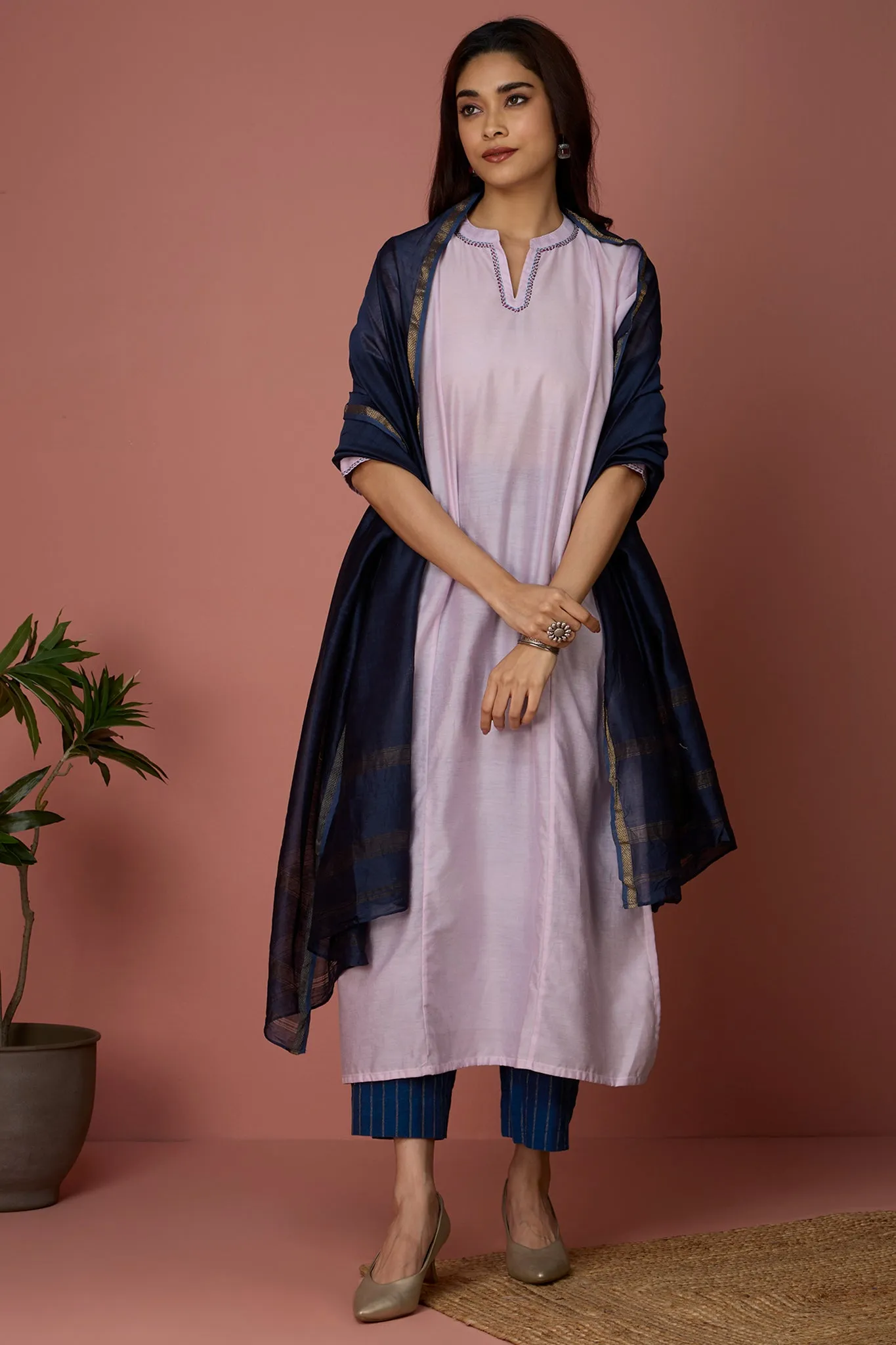 long chanderi kurta with collar - Soft Rose & Serenity