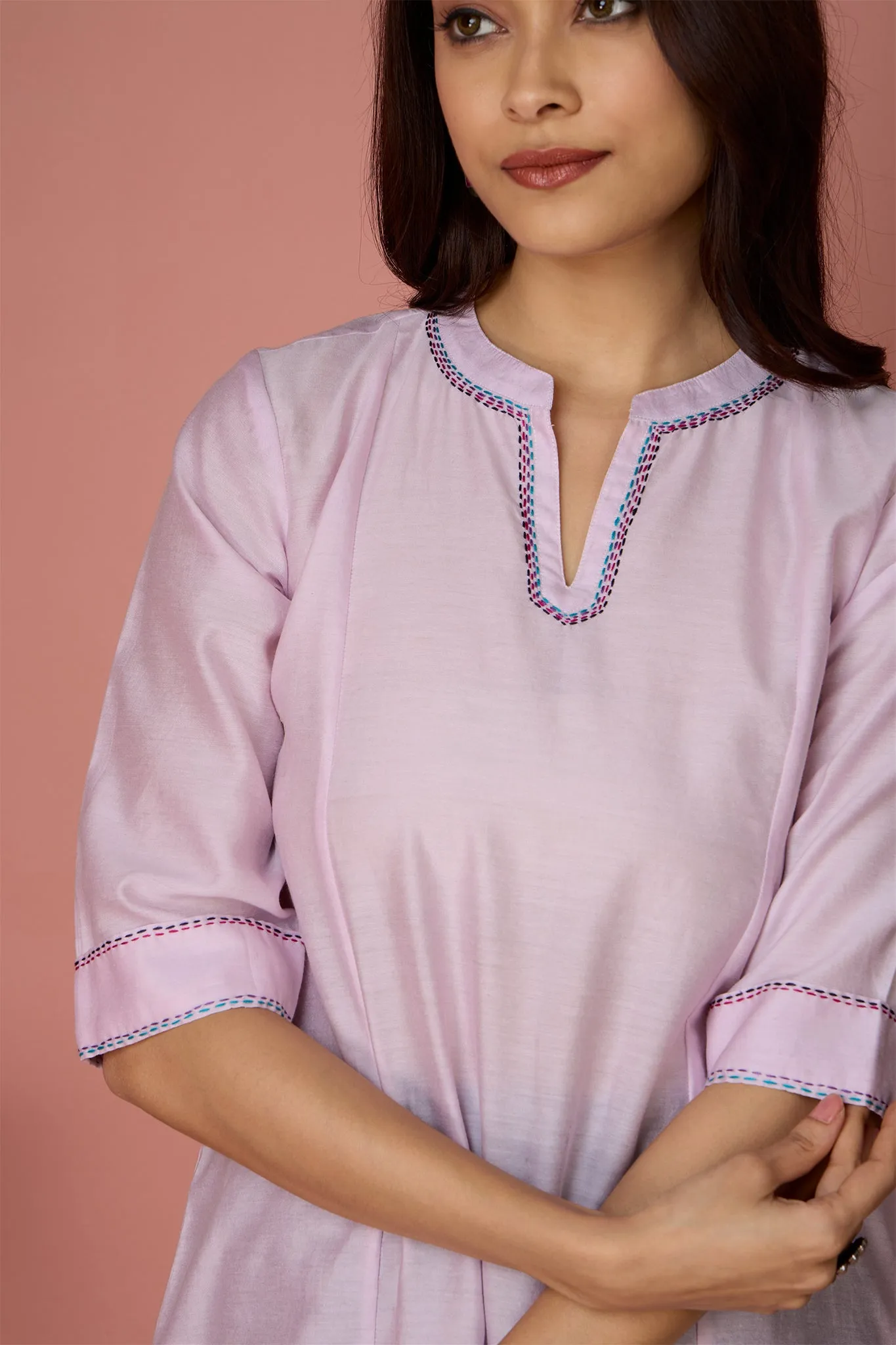 long chanderi kurta with collar - Soft Rose & Serenity