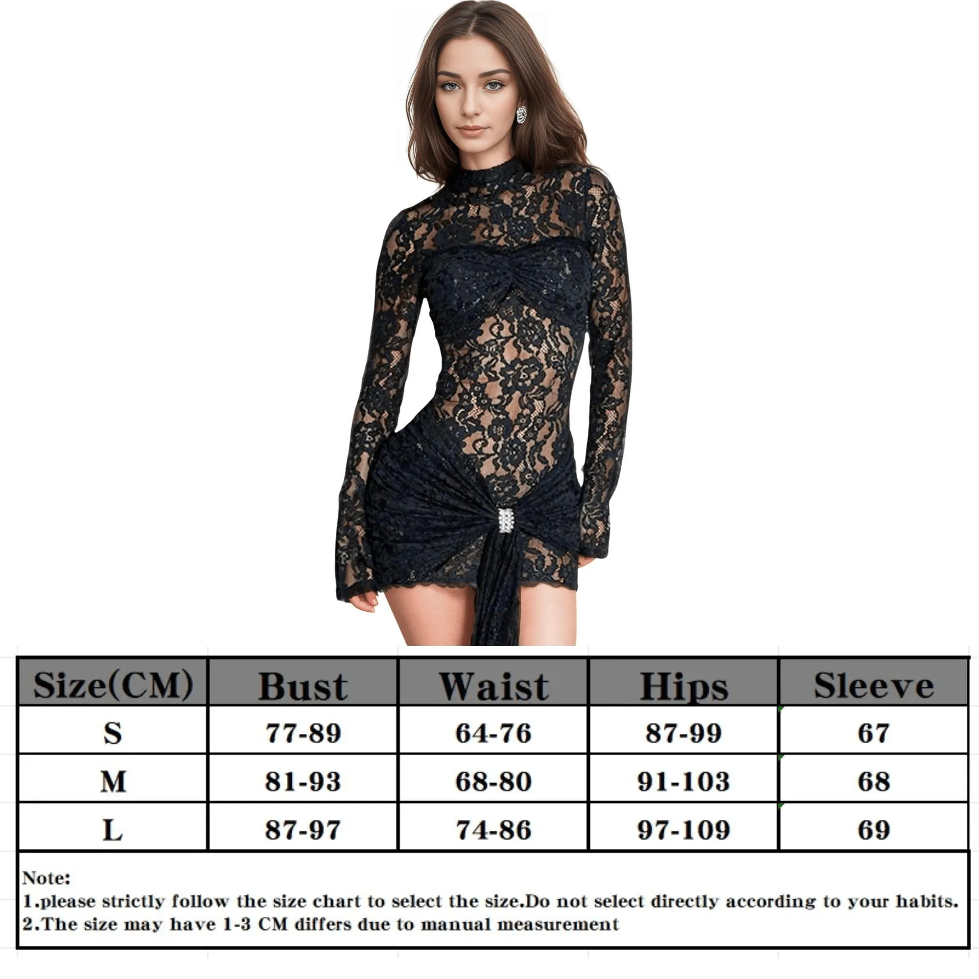 Long Sleeve Sexy Black Lace Mini Dress For Women Fashion Black See Through Draped Ruched Bodycon Club Party Dress