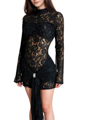 Long Sleeve Sexy Black Lace Mini Dress For Women Fashion Black See Through Draped Ruched Bodycon Club Party Dress