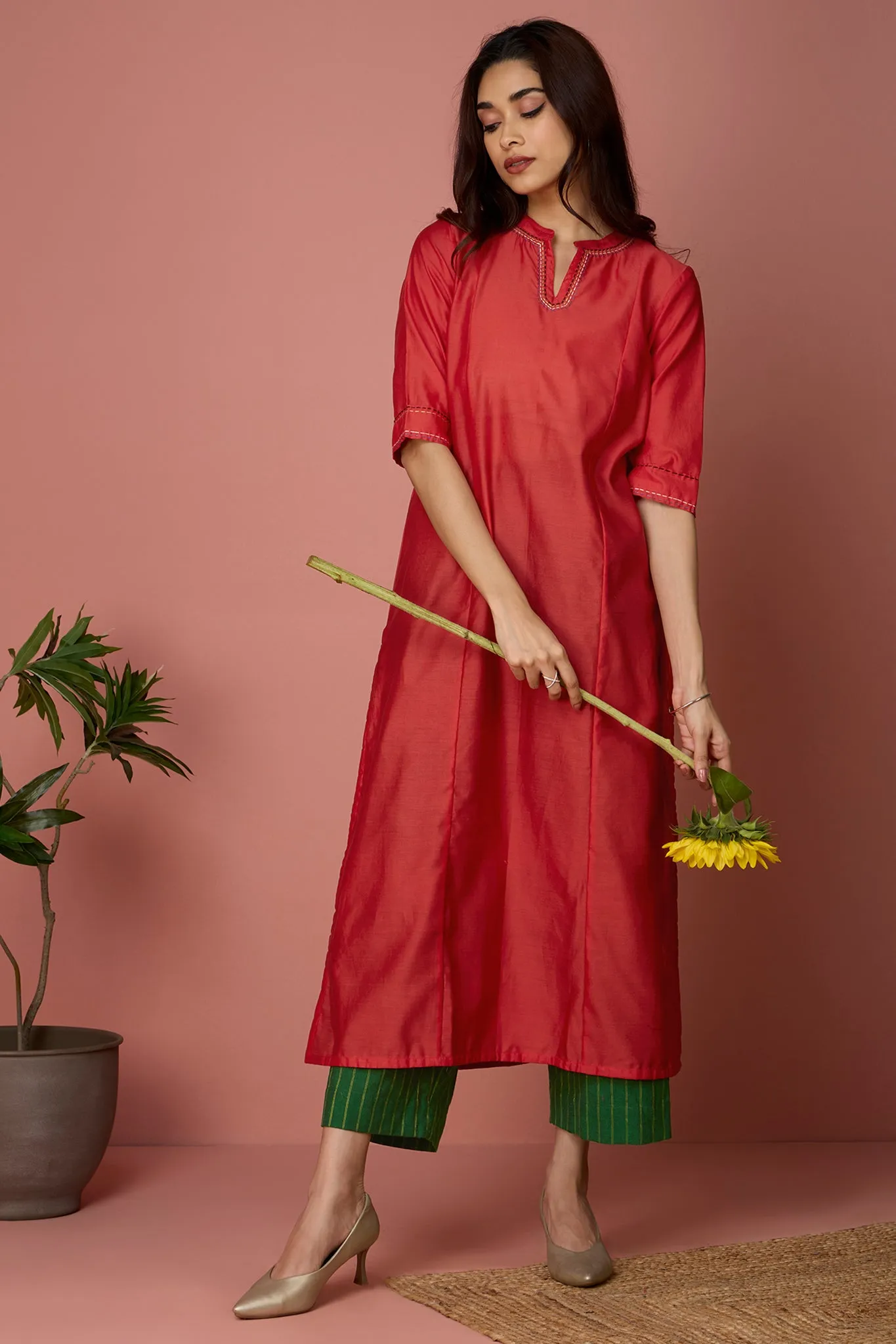 MADE TO ORDER - long chanderi kurta with collar - Ruby & Glimmer