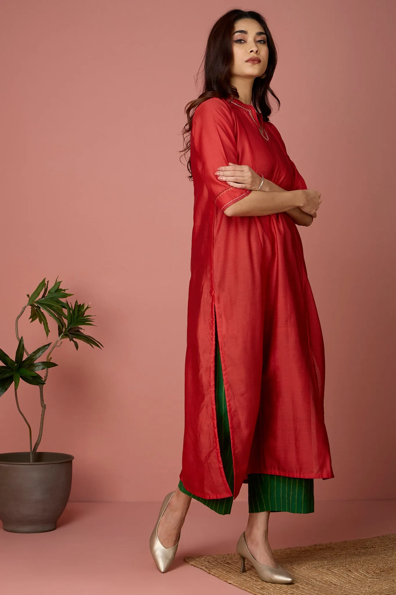 MADE TO ORDER - long chanderi kurta with collar - Ruby & Glimmer