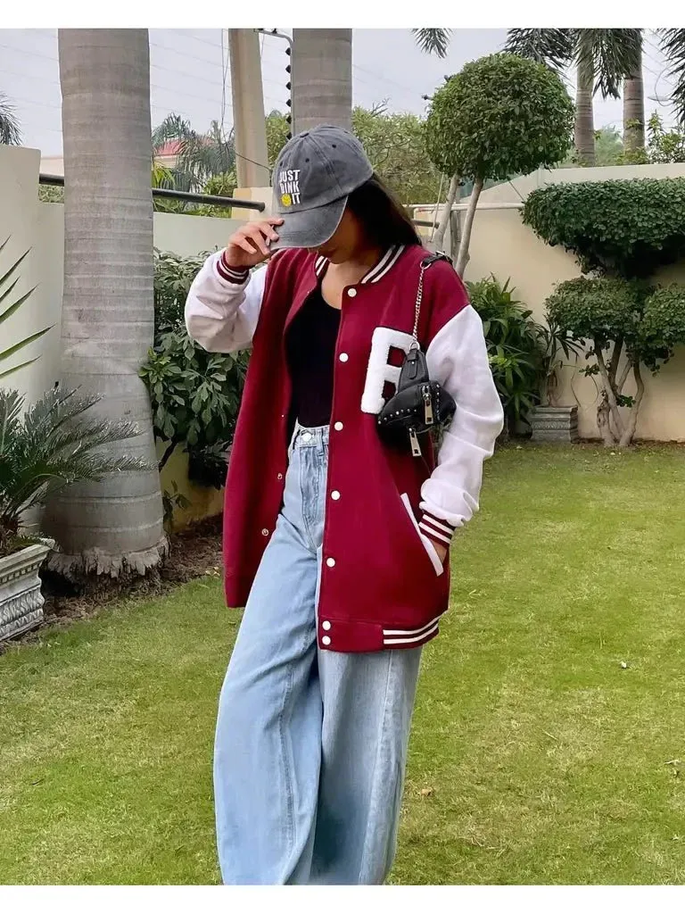 Mahroon R Patched Button Down Baseball Jacket