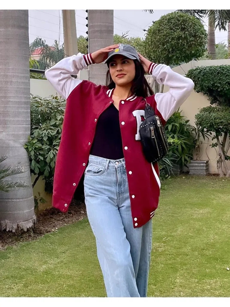 Mahroon R Patched Button Down Baseball Jacket