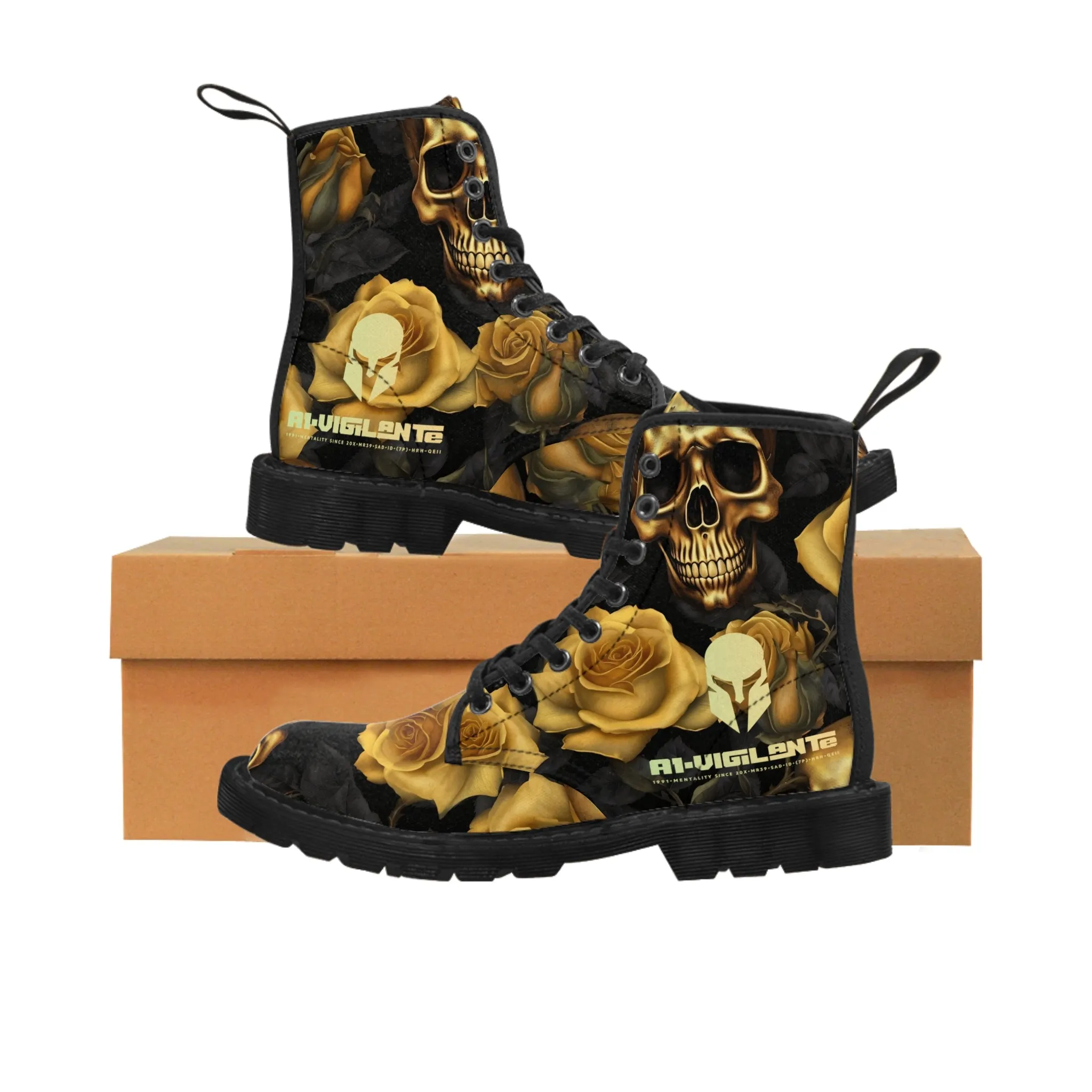 No 2 A1-Vigilante Sparta  Gothic Skulls and Gold Roses Canvas Boots AOP