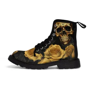 No 2 Gothic Skulls and Gold Roses Canvas Boots AOP