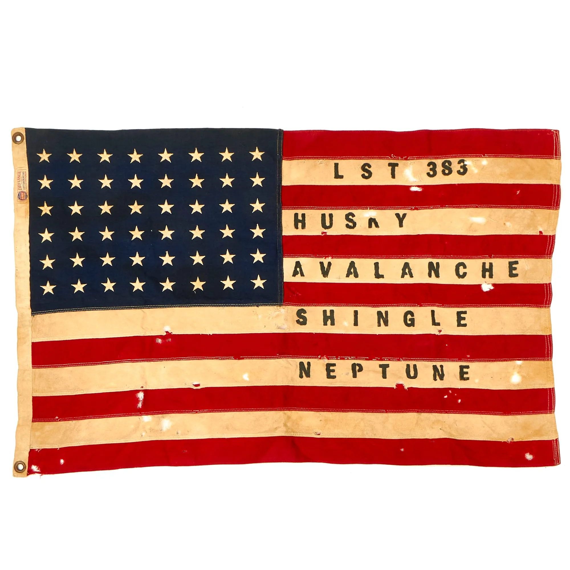 Original U.S. WWII Operation Neptune “D-Day” Allied Naval Invasion of Normandy Tank Landing Ship LST-383 “Battle Worn” 48 Star American Flag - 37” x 24”