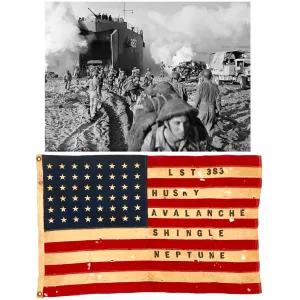 Original U.S. WWII Operation Neptune “D-Day” Allied Naval Invasion of Normandy Tank Landing Ship LST-383 “Battle Worn” 48 Star American Flag - 37” x 24”