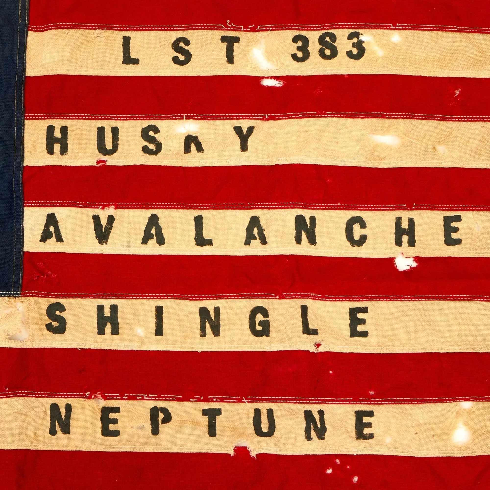 Original U.S. WWII Operation Neptune “D-Day” Allied Naval Invasion of Normandy Tank Landing Ship LST-383 “Battle Worn” 48 Star American Flag - 37” x 24”