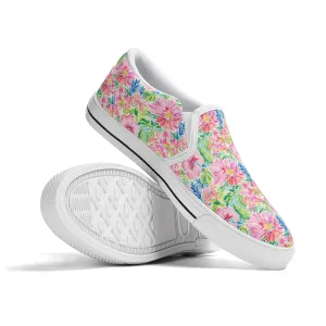 Pastel Oasis: Watercolor Hibiscus Flowers and Palms in Soft Hues Womens Canvas Slip On Shoes US5-US12