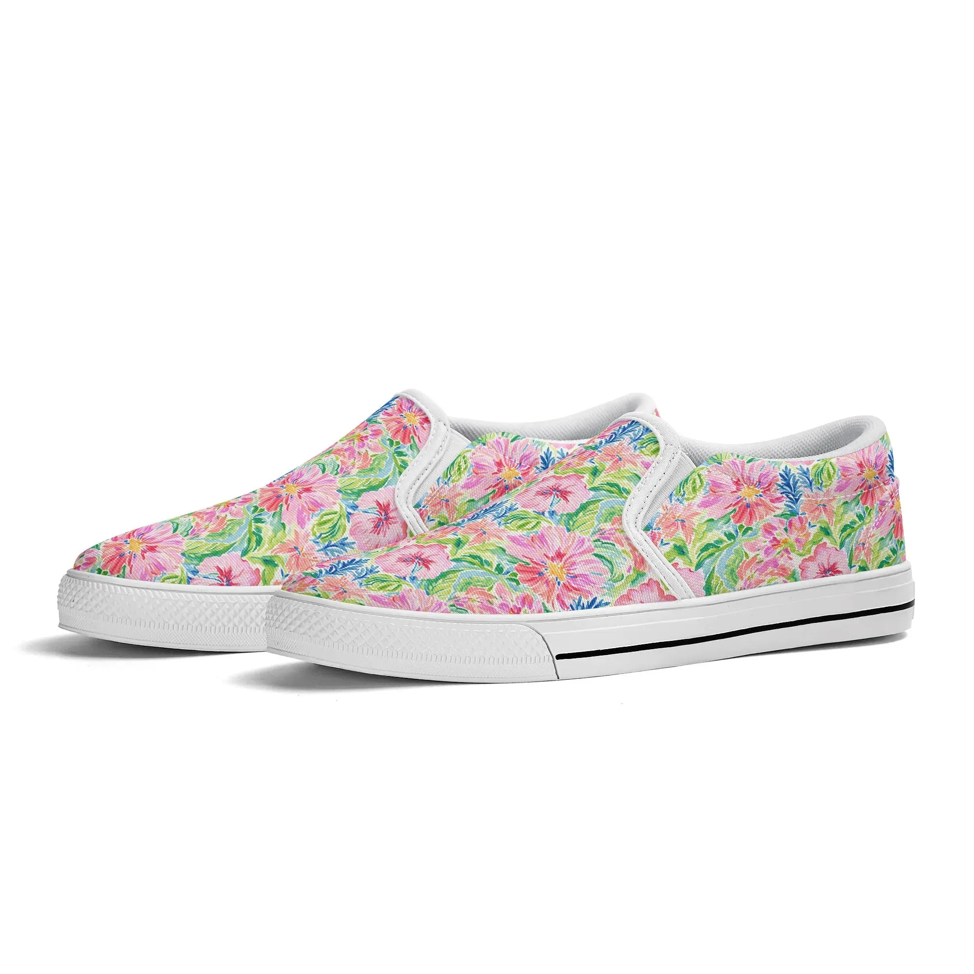 Pastel Oasis: Watercolor Hibiscus Flowers and Palms in Soft Hues Womens Canvas Slip On Shoes US5-US12