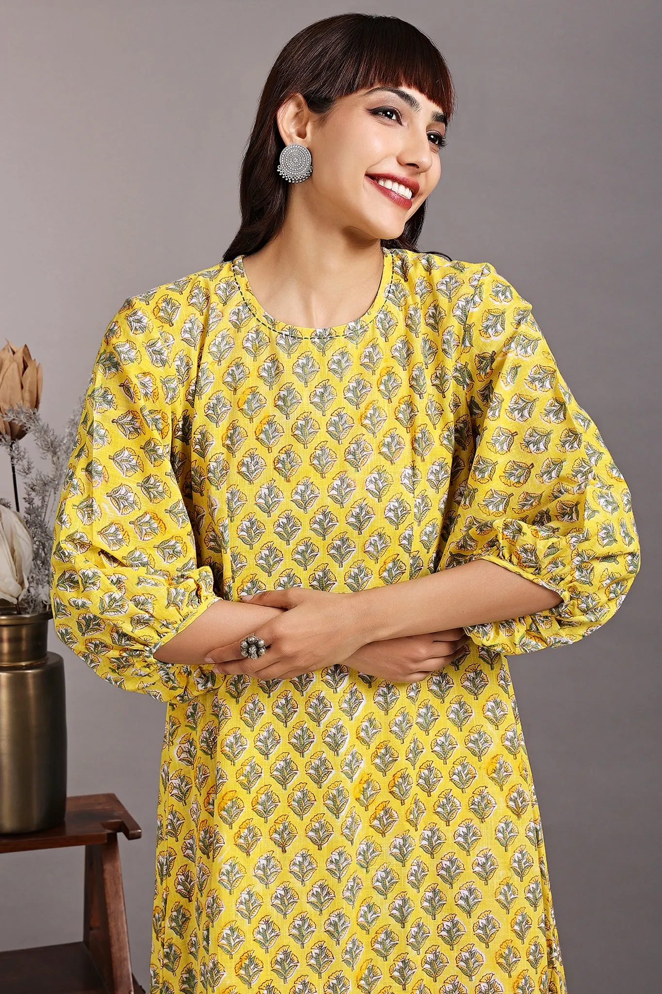 peasant sleeve dress - yellow chrysanthemum & summer songs