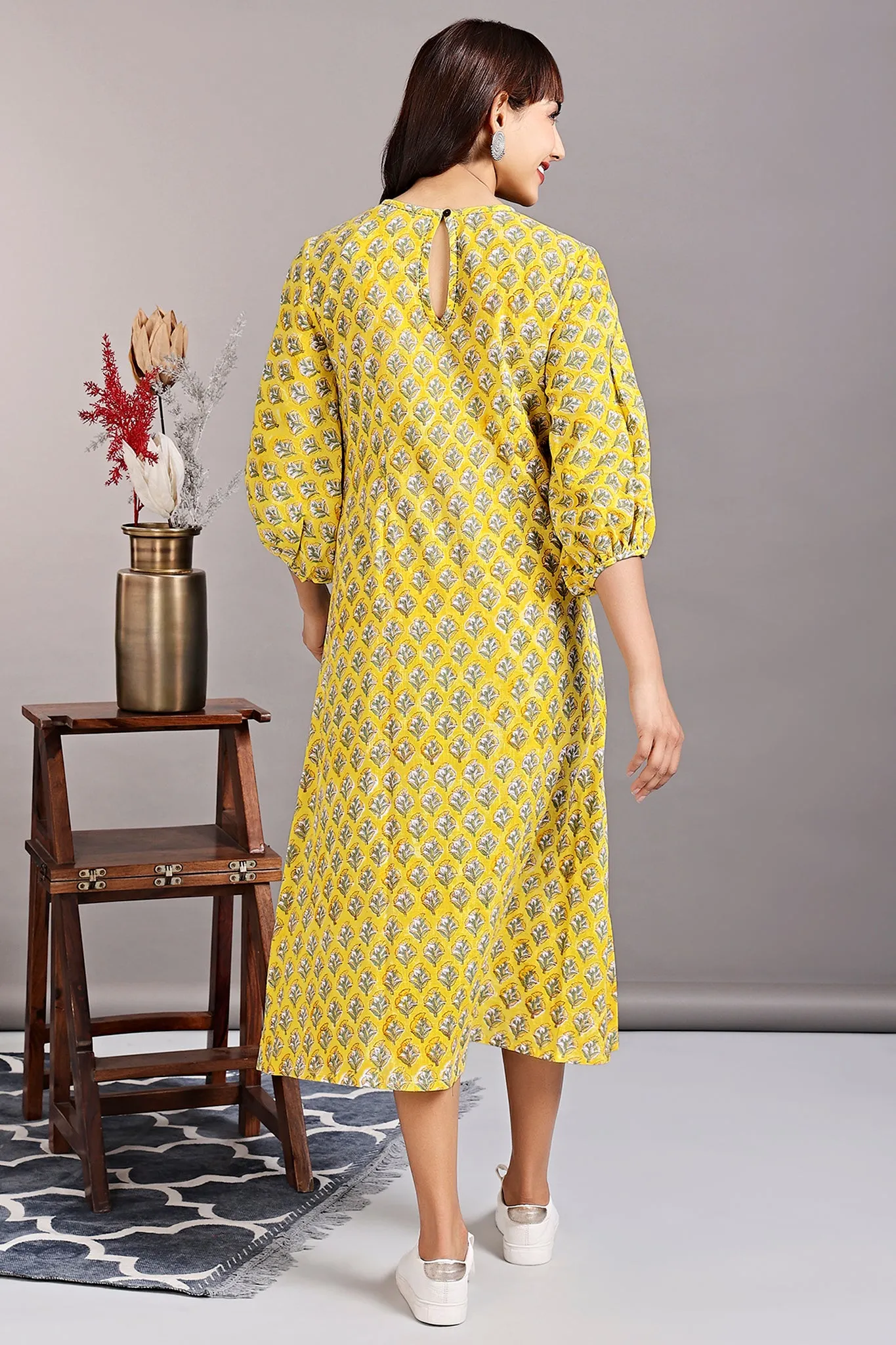 peasant sleeve dress - yellow chrysanthemum & summer songs