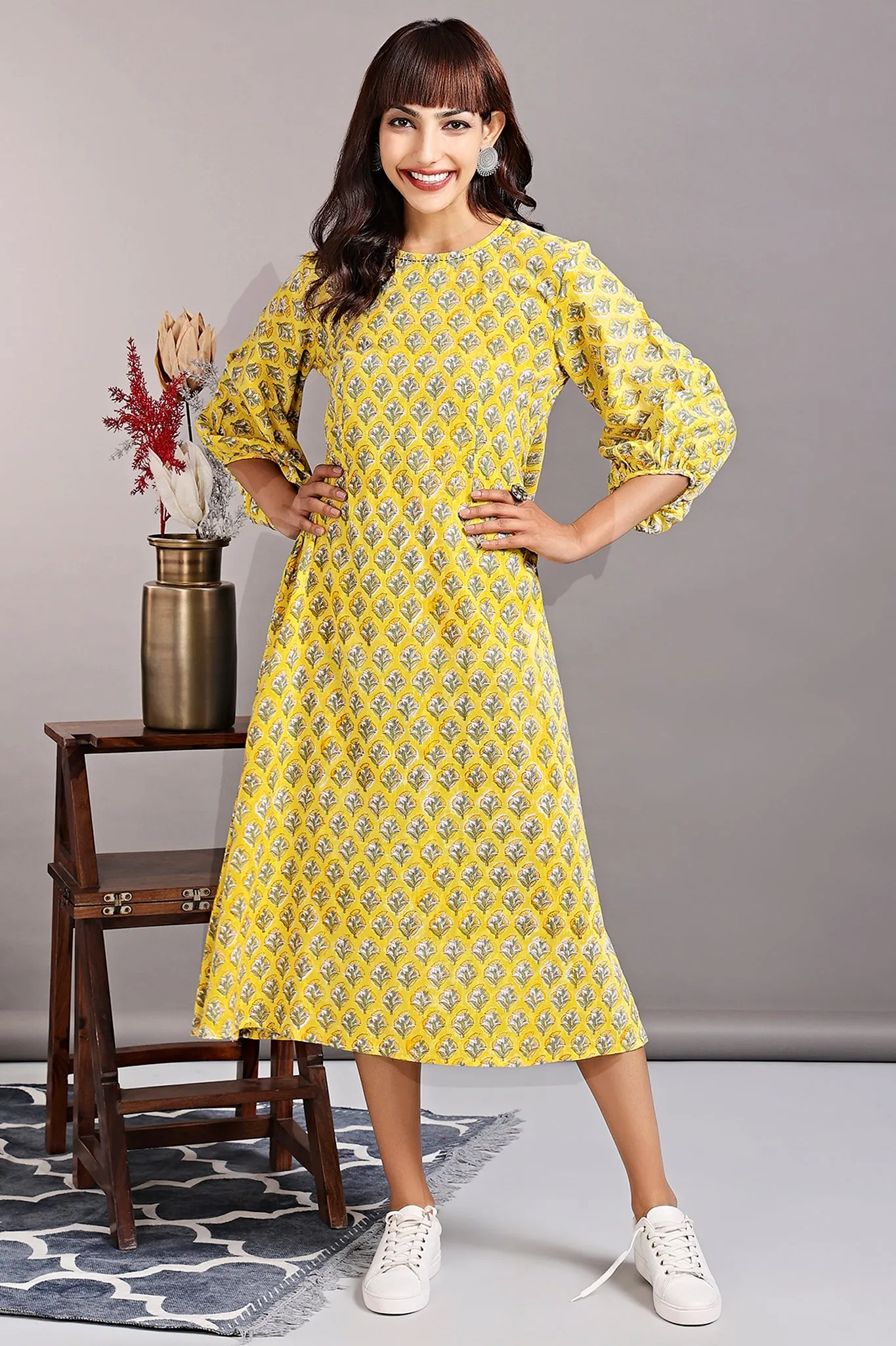 peasant sleeve dress - yellow chrysanthemum & summer songs