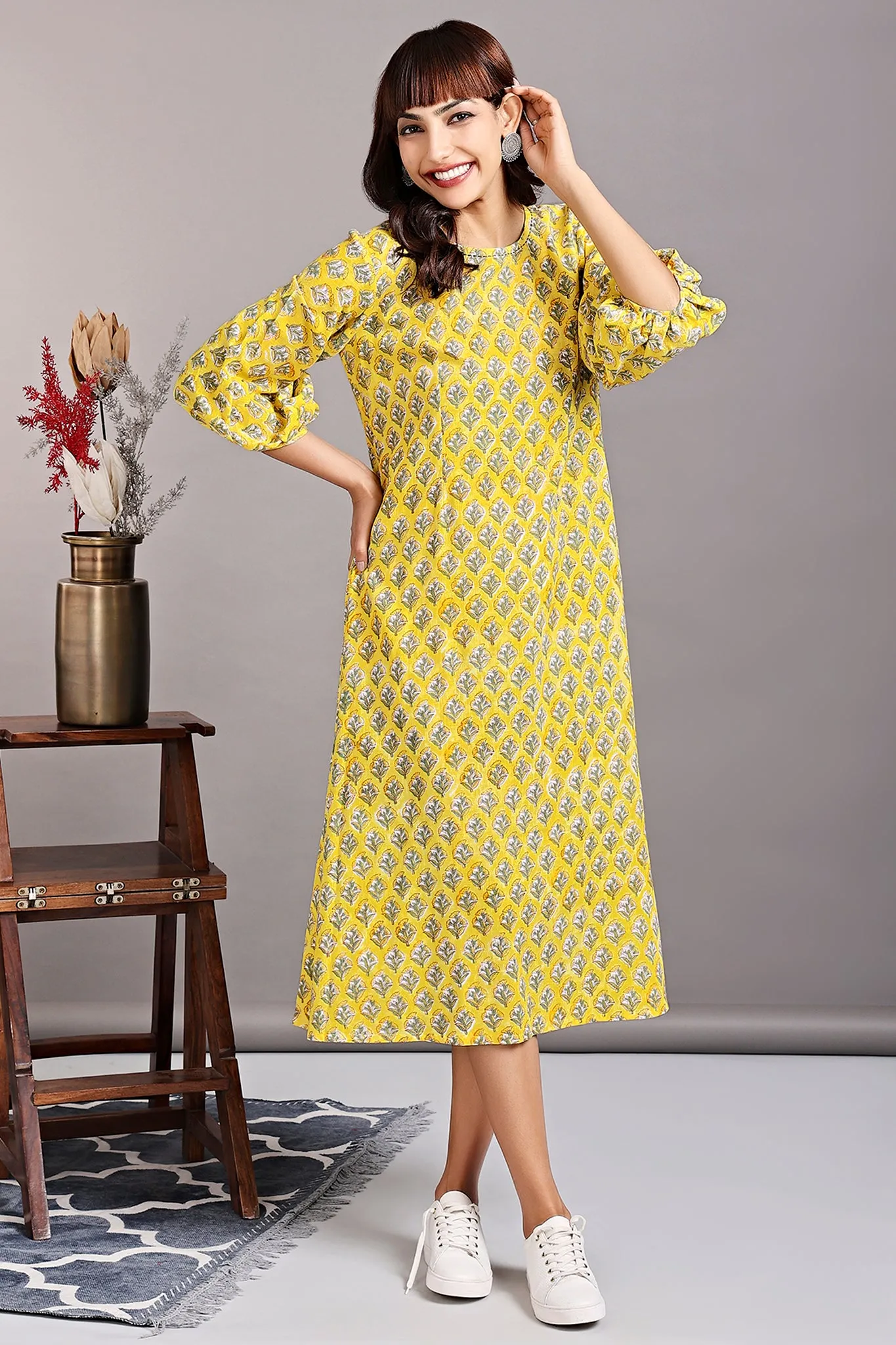 peasant sleeve dress - yellow chrysanthemum & summer songs