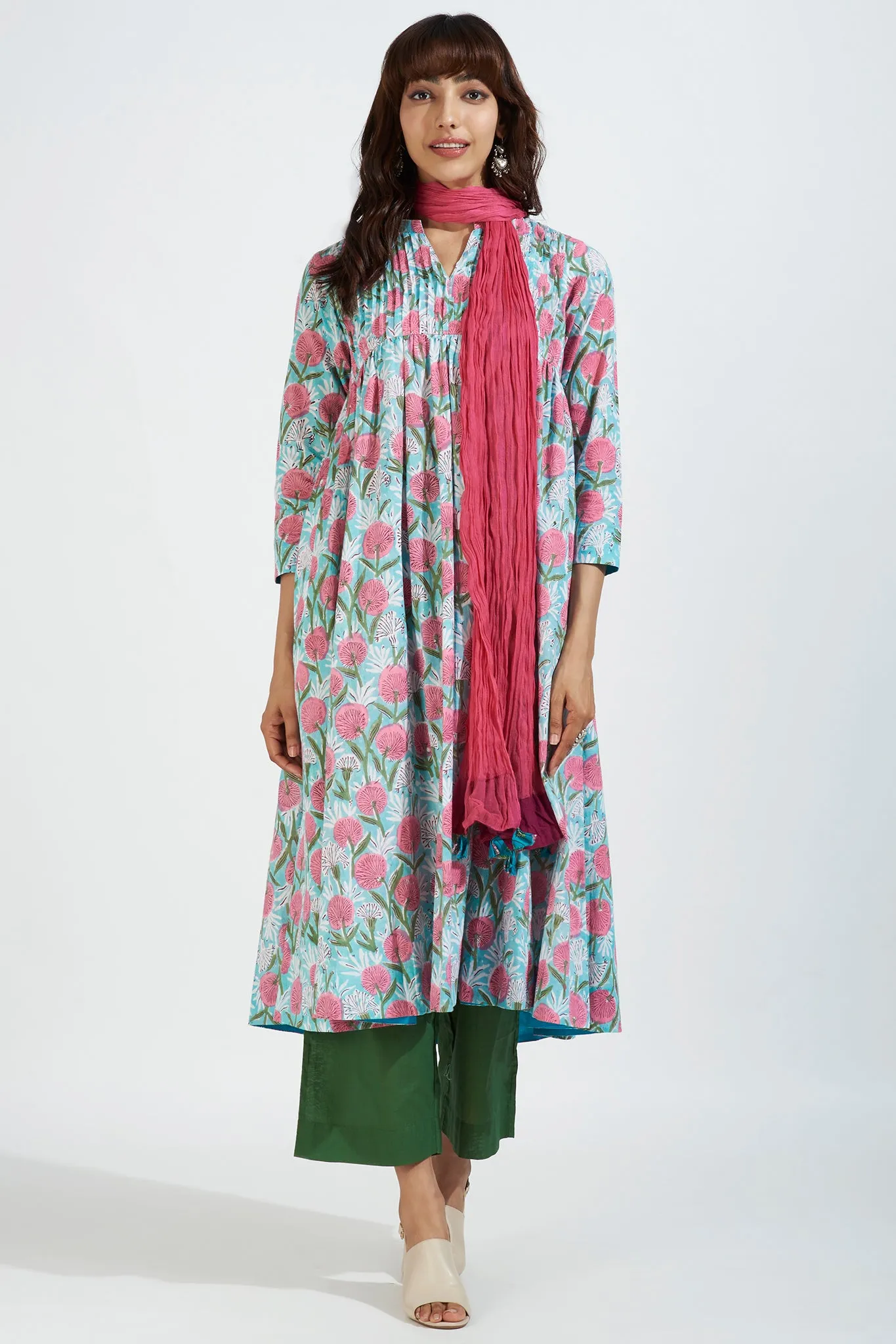 pintuck high bust anarkali - aqua rose & seaside blossoms