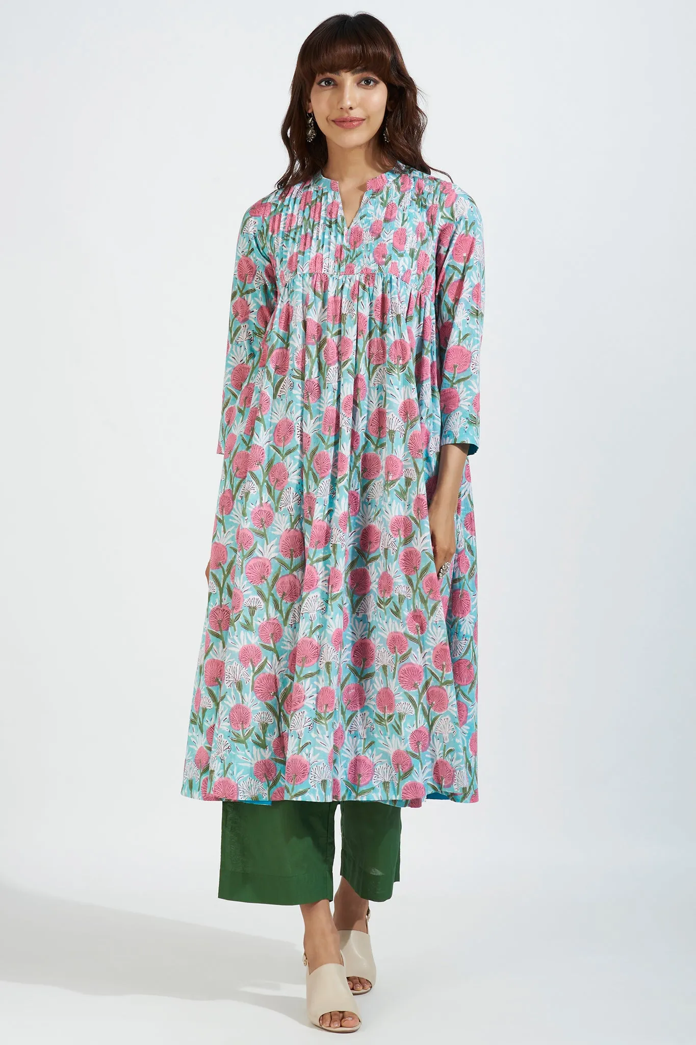 pintuck high bust anarkali - aqua rose & seaside blossoms